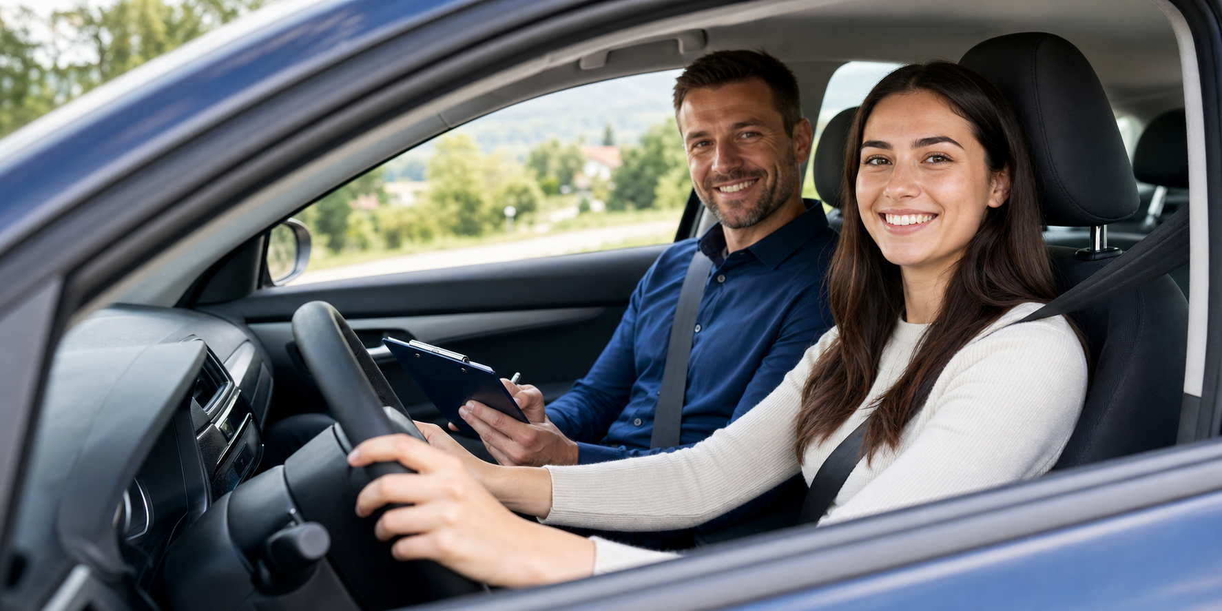 Élève conductrice souriante accompagnée par un moniteur dans une voiture